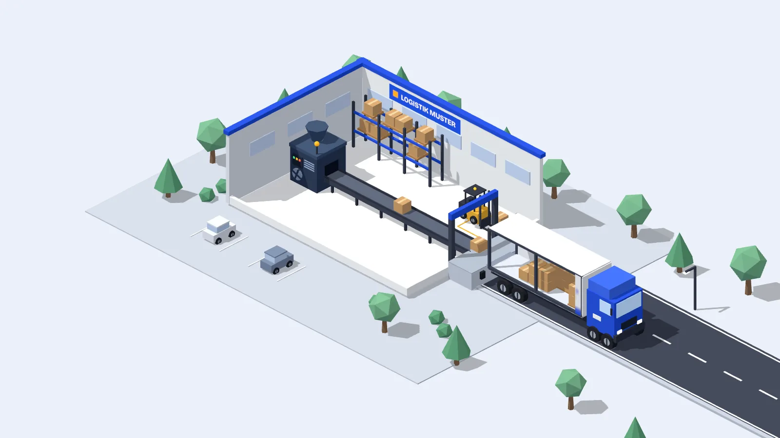 Isometrische 3D-Szene eines erfundenen Logistikbetriebs: Produktionsmaschine, Förderband, Regallager und Stapler in einer offenen Halle, ein blauer Lkw wird an der Rampe mit Paketen beladen.